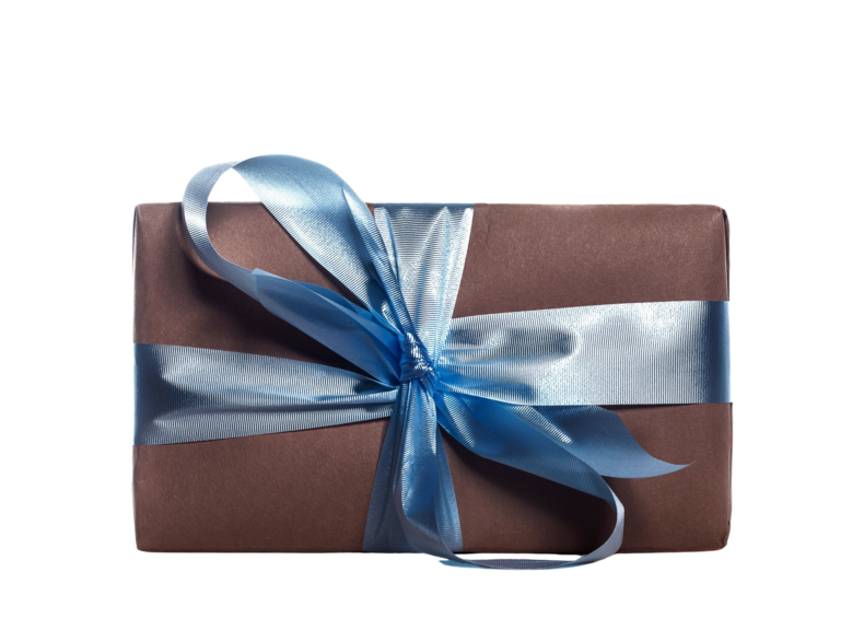 Present in brown package with blue ribbon